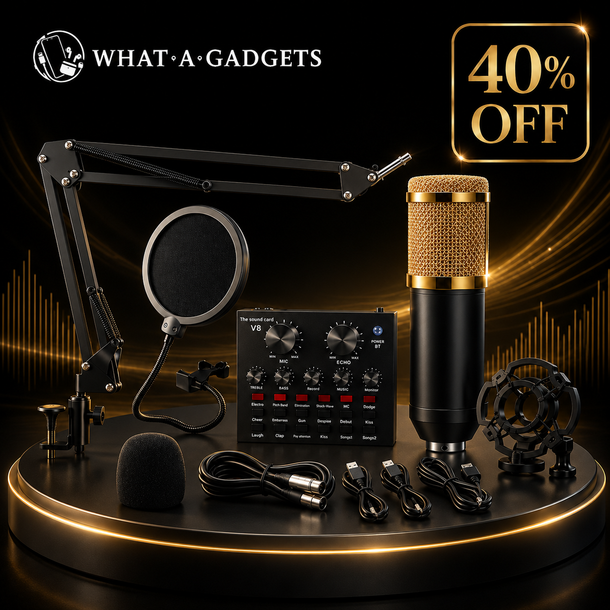 V8 BM-800 Podcast Mic Set With Live Sound Card, Condenser Microphone With Rechargeable 12 Kinds Of Auxiliary Background For Karaoke Singing, YouTube Recording Mic